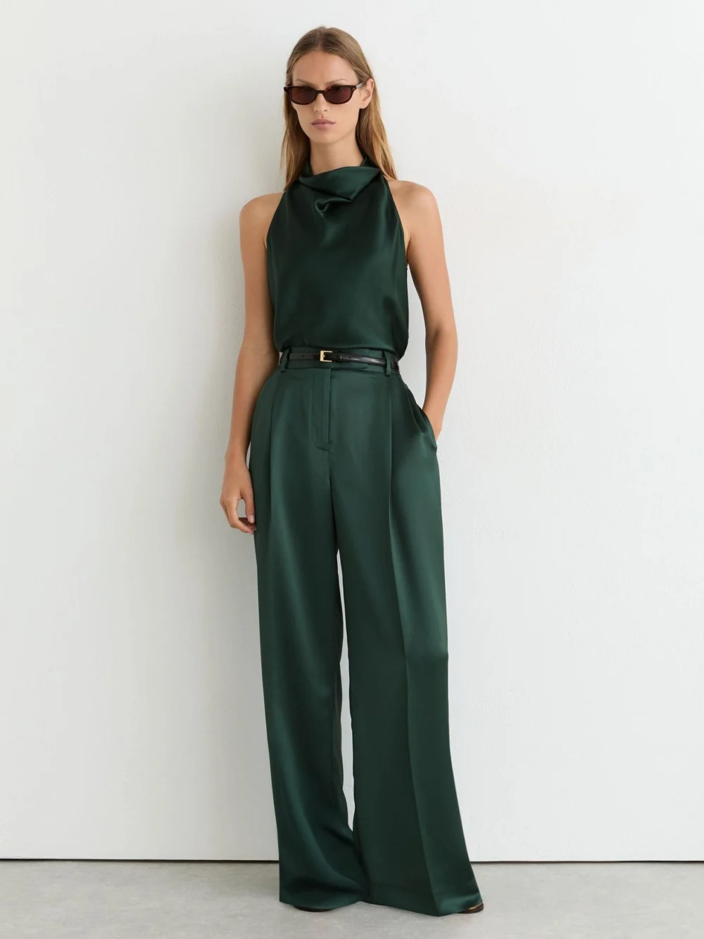 Reiss Teal Green Petite Satin Wide-leg Pleated Trousers, view 5