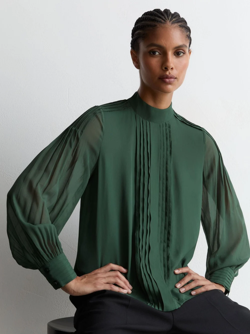 Reiss Teal Green Pintuck-detail Tie-back Blouse
