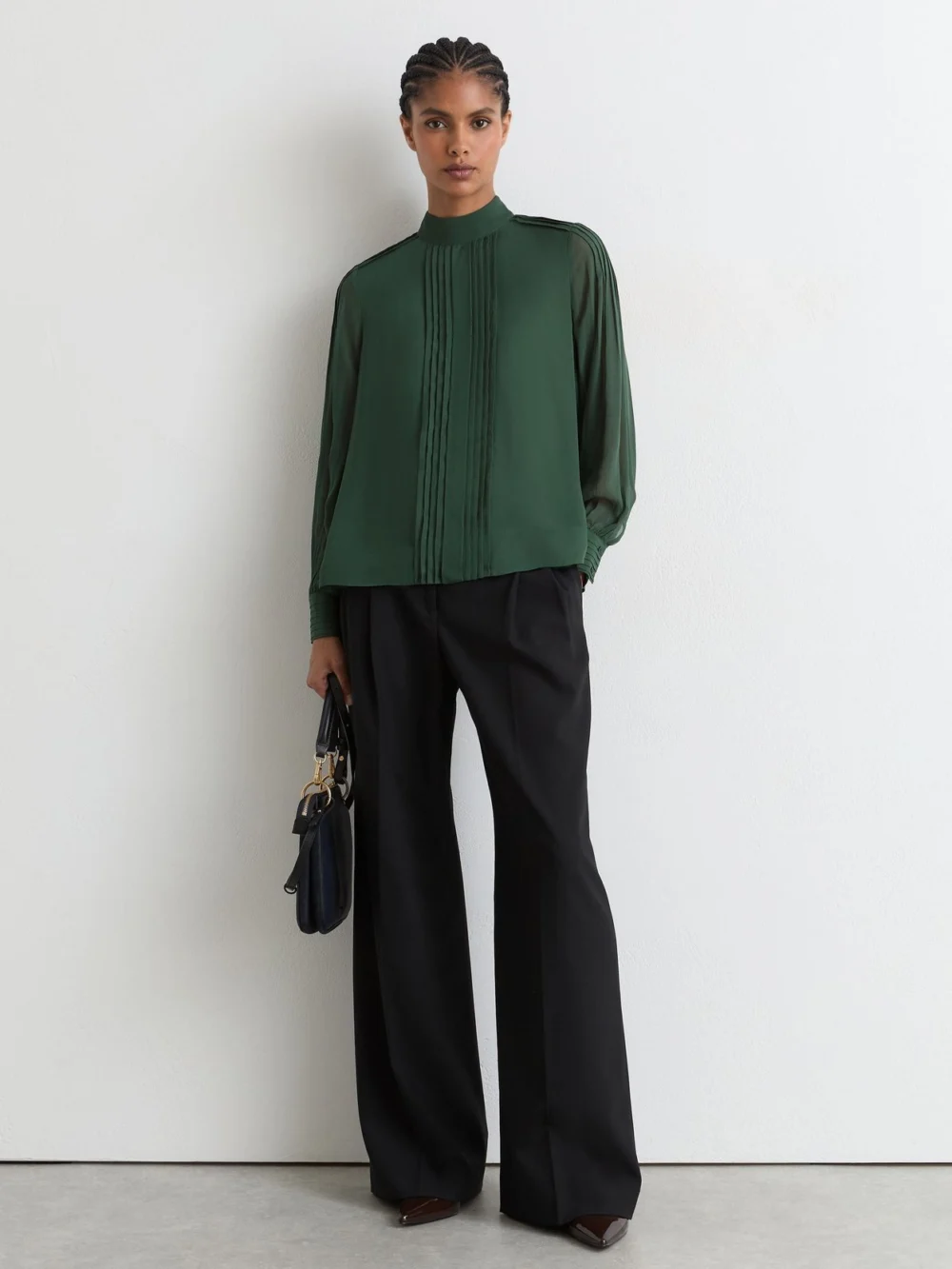 Reiss Teal Green Pintuck-detail Tie-back Blouse, view 3