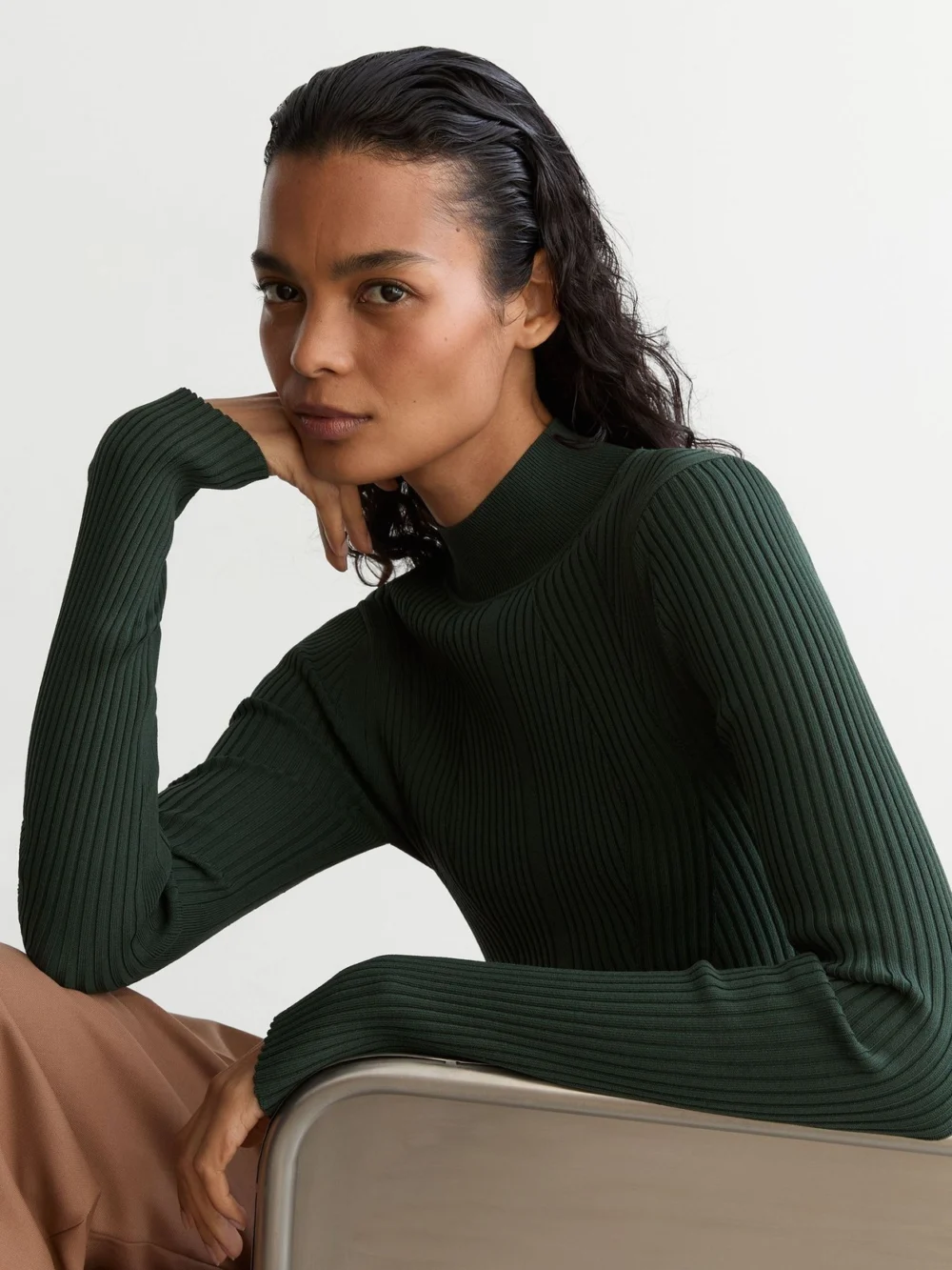Reiss Teal Green Rib-knit Mock-neck Jumper
