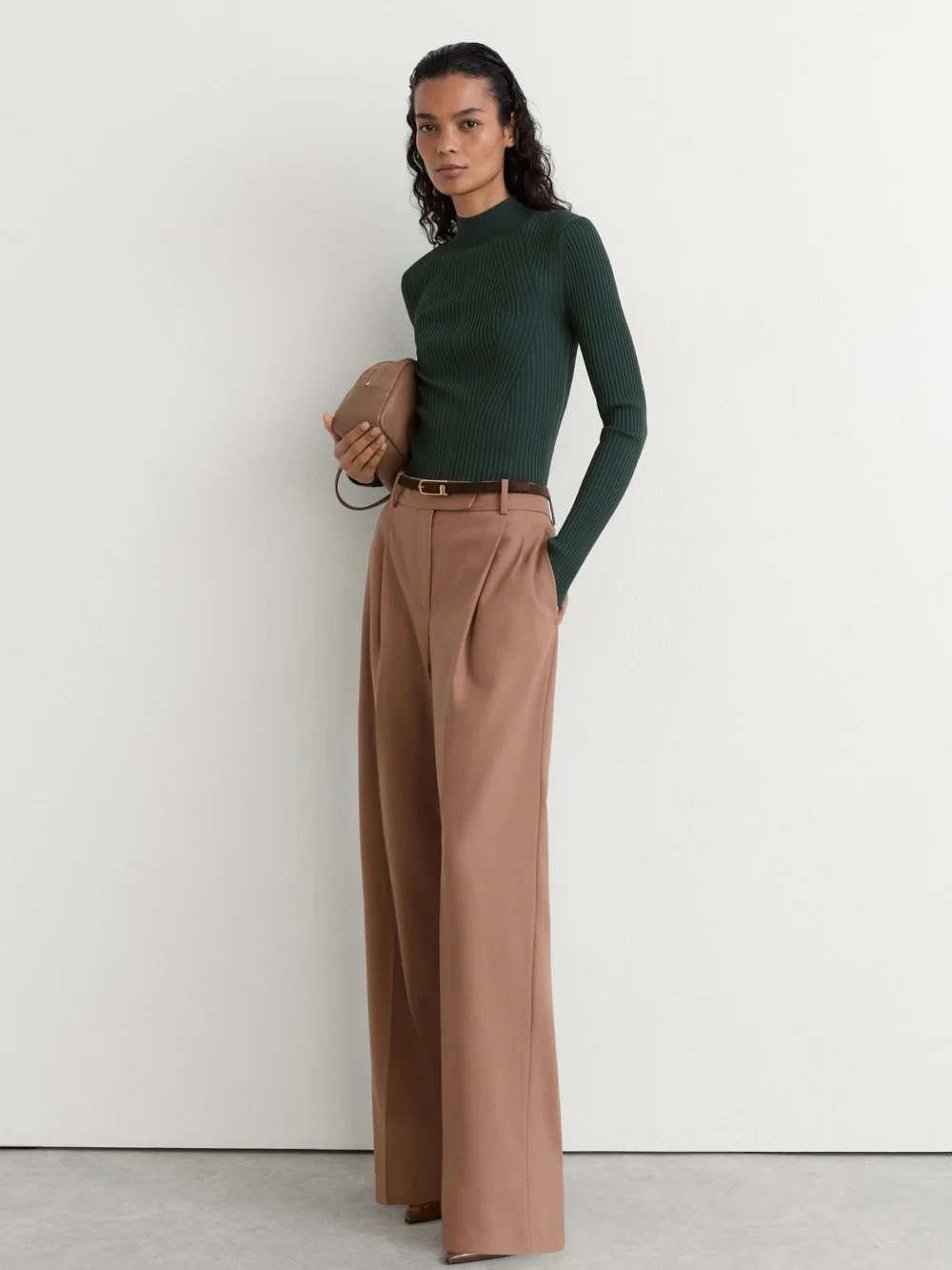 Reiss Teal Green Rib-knit Mock-neck Jumper, view 3
