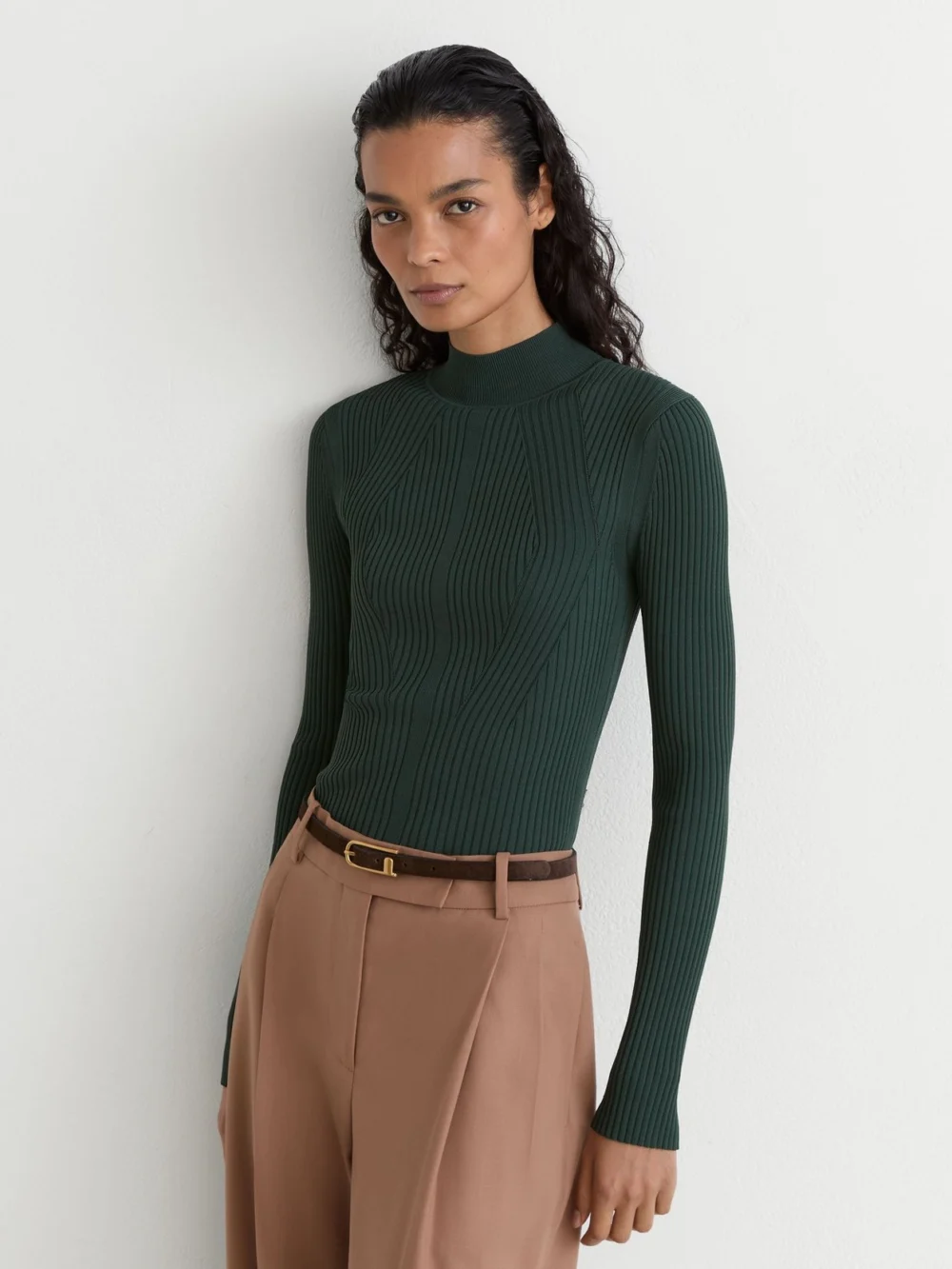 Reiss Teal Green Rib-knit Mock-neck Jumper, view 4
