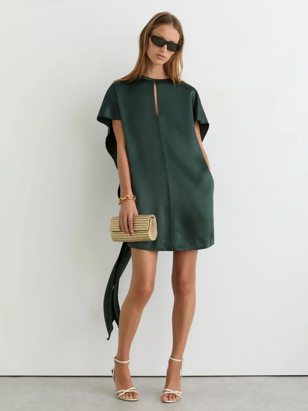 Reiss Teal Green Satin Cape-detail Mini Dress