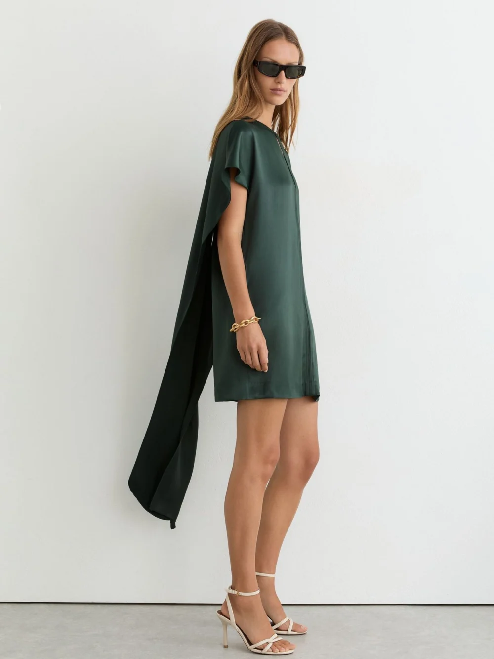 Reiss Teal Green Satin Cape-detail Mini Dress, view 4
