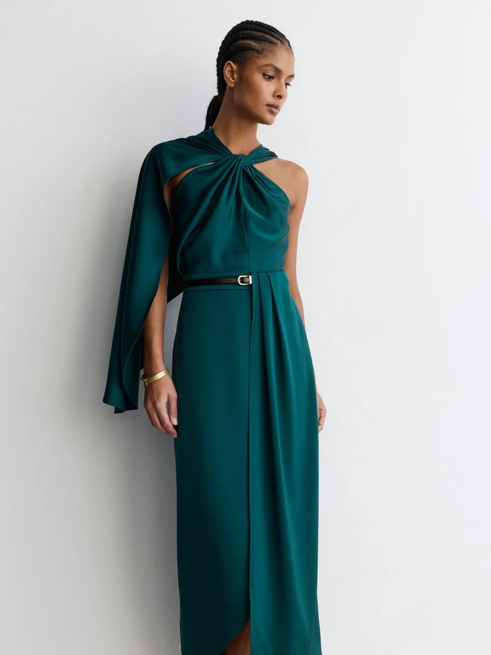 Reiss Teal Green Satin Side-cape Draped Midi Dress