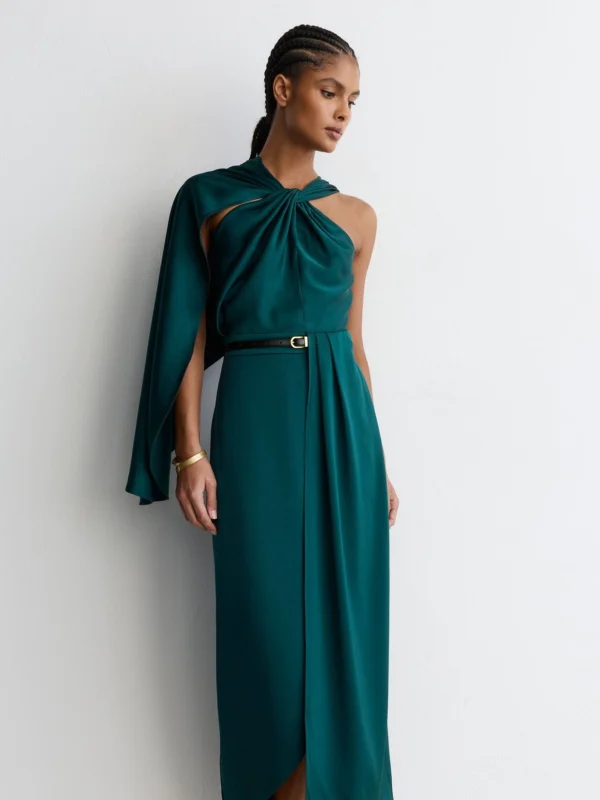 Reiss Teal Green Satin Side-cape Draped Midi Dress