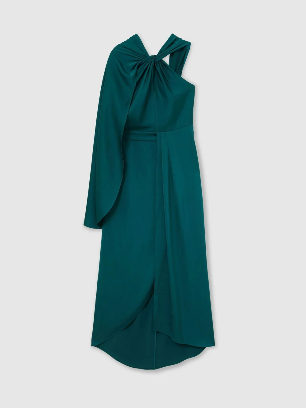 Reiss Teal Green Satin Side-cape Draped Midi Dress, view 2
