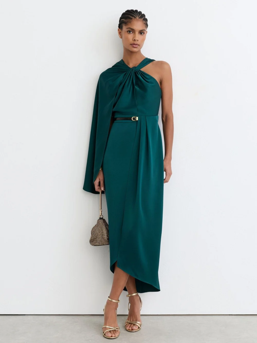 Reiss Teal Green Satin Side-cape Draped Midi Dress, view 3