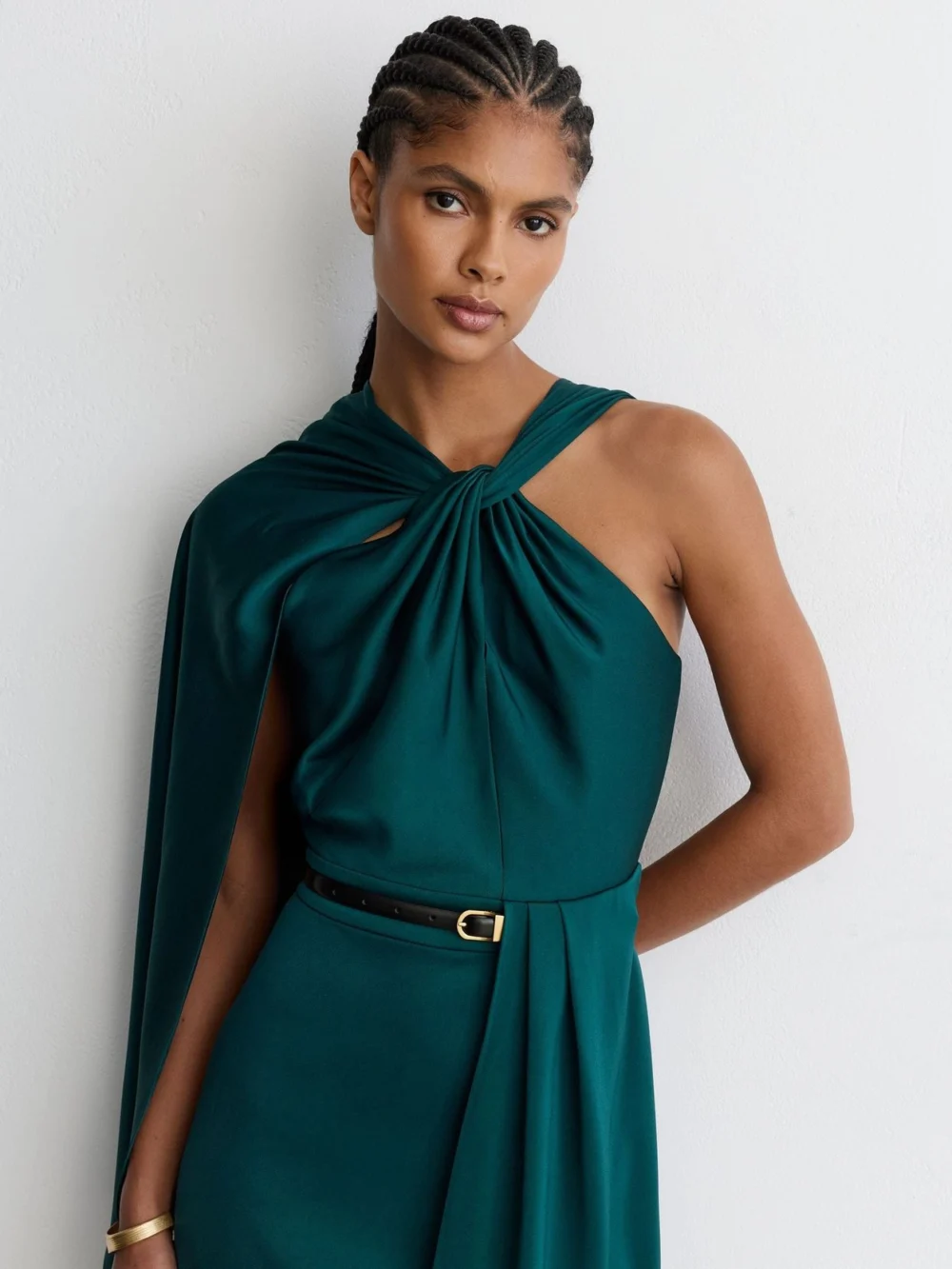 Reiss Teal Green Satin Side-cape Draped Midi Dress, view 4