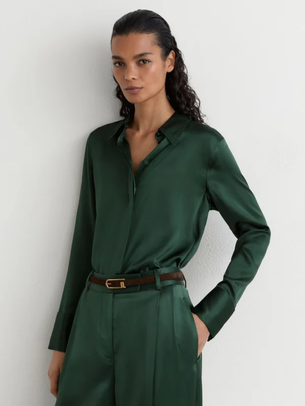 Reiss Teal Green Silk-satin Concealed-placket Shirt