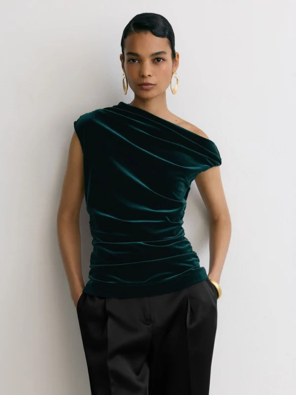 Reiss Teal Green Velvet Off-shoulder Top