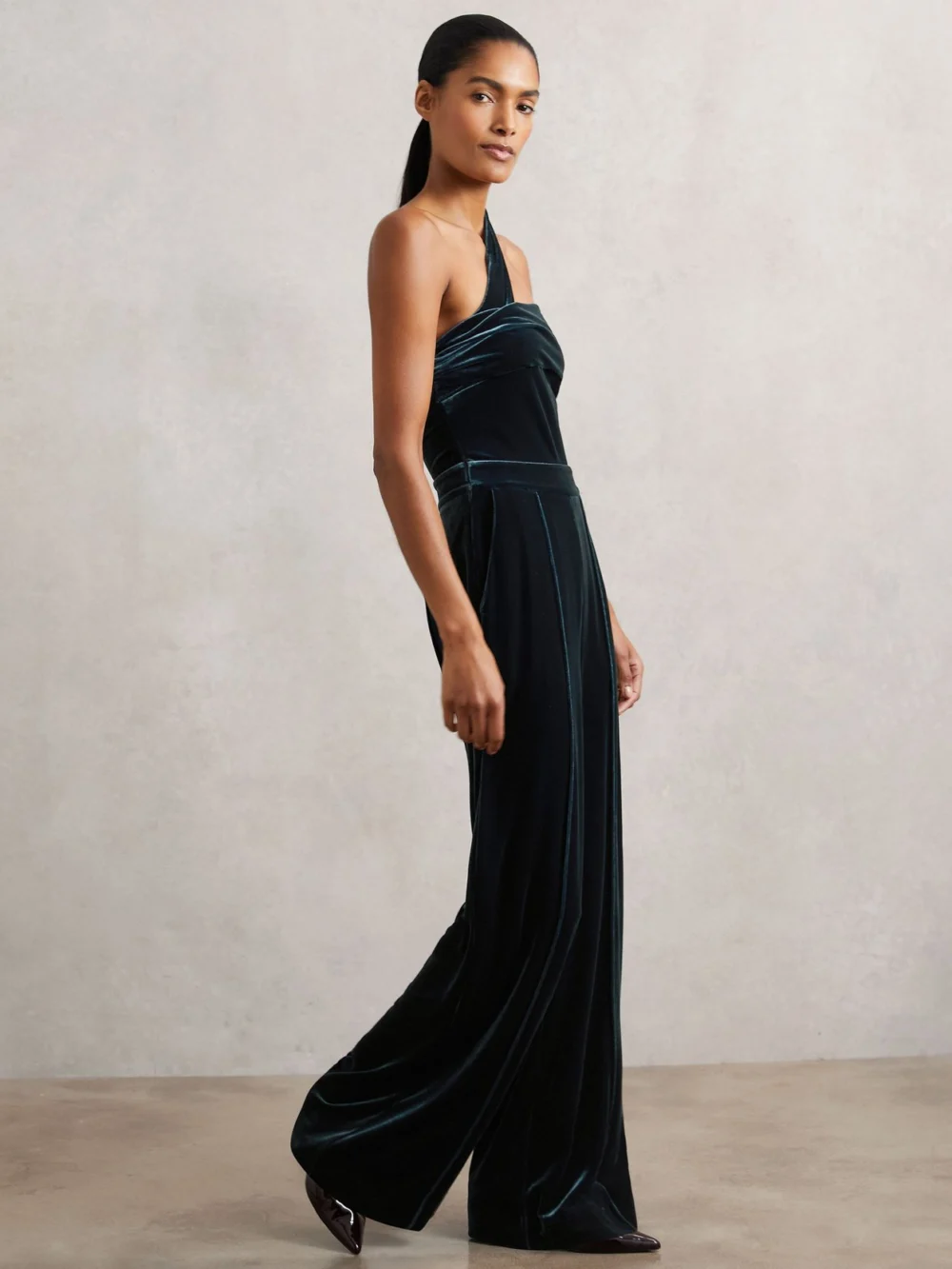 Reiss Teal Green Velvet One-shoulder Wide-leg Jumpsuit