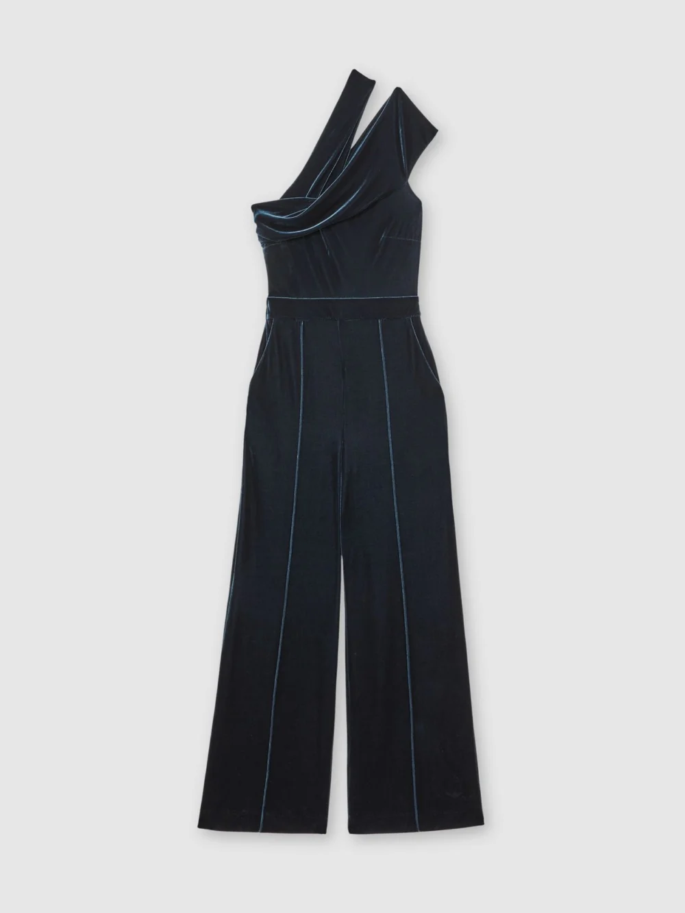 Reiss Teal Green Velvet One-shoulder Wide-leg Jumpsuit, view 2