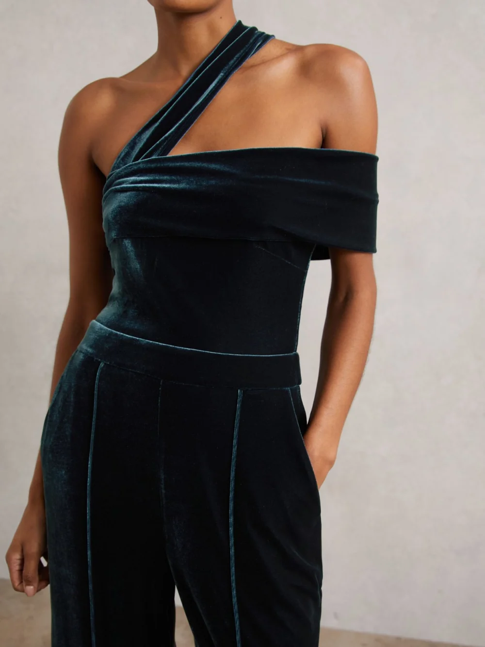 Reiss Teal Green Velvet One-shoulder Wide-leg Jumpsuit, view 3