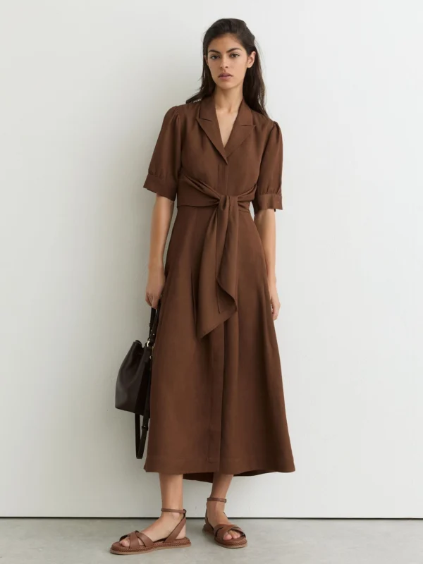 Reiss Tessera Rust Orange Short-sleeve Belted Midi Dress with Linen, 6
