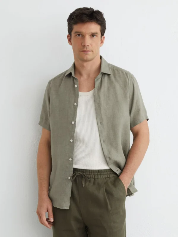 Reiss Thyme Green Slim Fit Linen Button-through Shirt