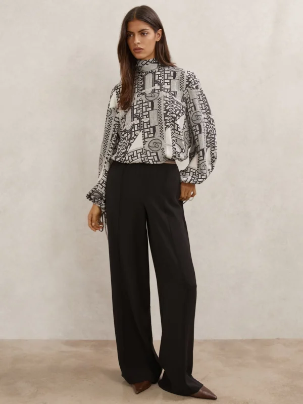 Reiss Tile-print Balloon-sleeve Blouse