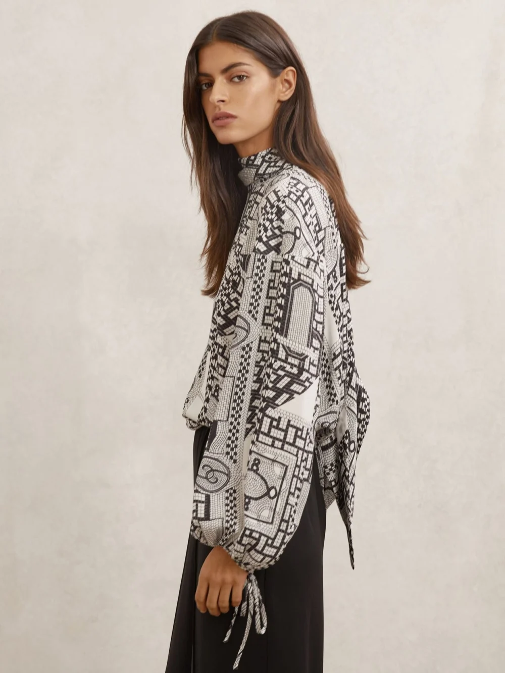 Reiss Tile-print Balloon-sleeve Blouse, view 3