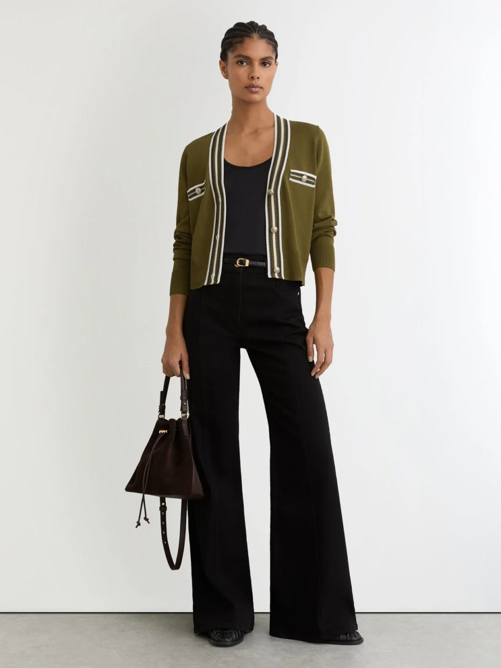 Reiss Tipped Button-through Cardigan in green/ivory