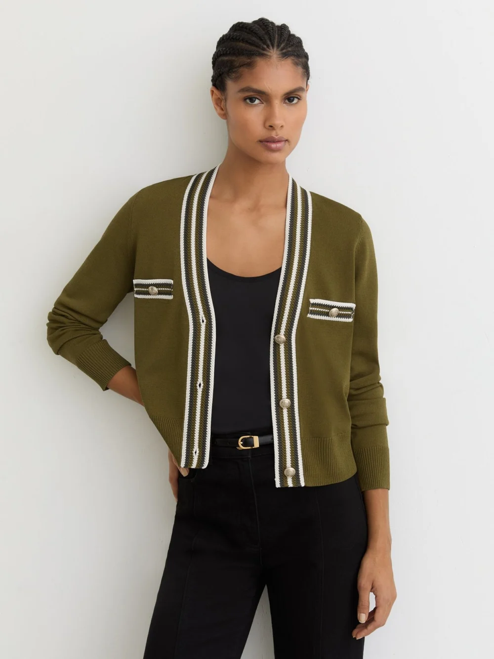 Reiss Tipped Button-through Cardigan, view 3