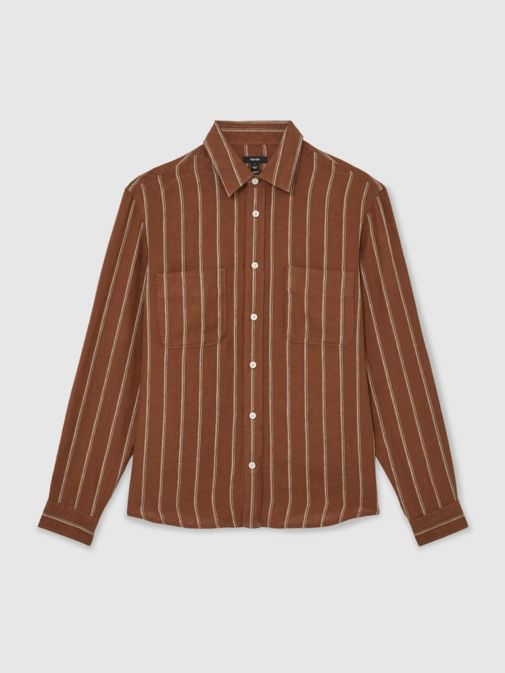 Reiss Tobacco & White Linen Striped Regular-fit Shirt, view 2