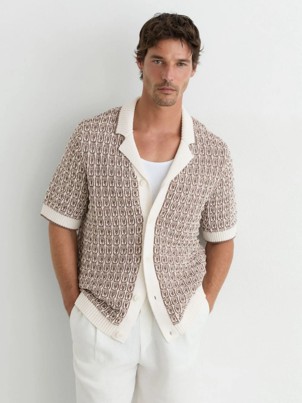 Reiss Tobacco Brown & Ecru Cotton-blend Geometric-knit Shirt in tobacco brown/ecru