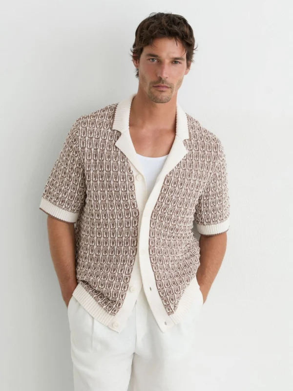 Reiss Tobacco Brown & Ecru Cotton-blend Geometric-knit Shirt