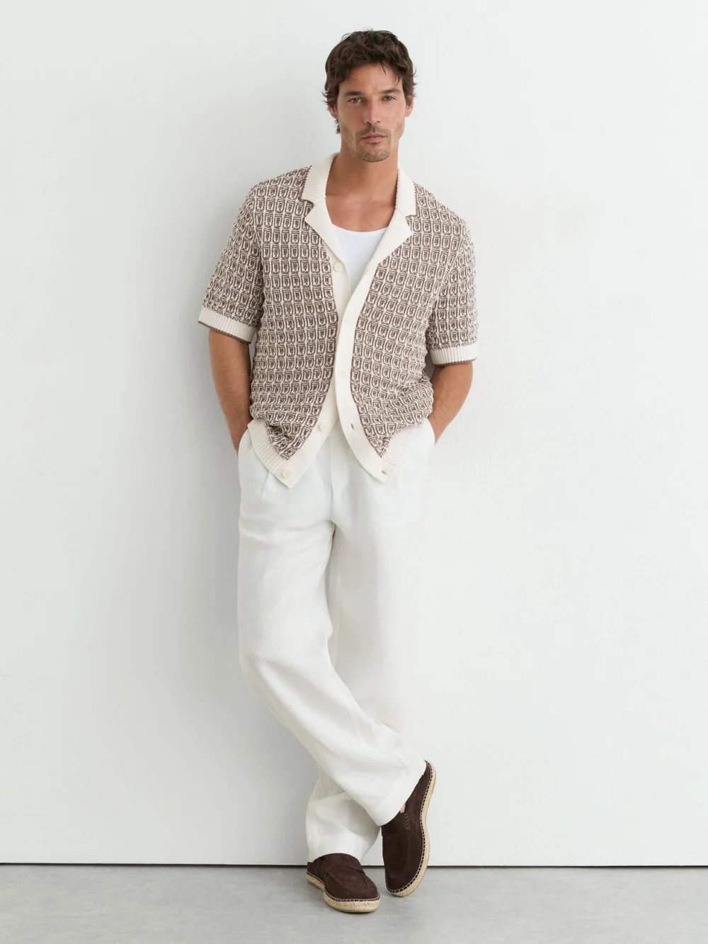 Reiss Tobacco Brown & Ecru Cotton-blend Geometric-knit Shirt, view 4