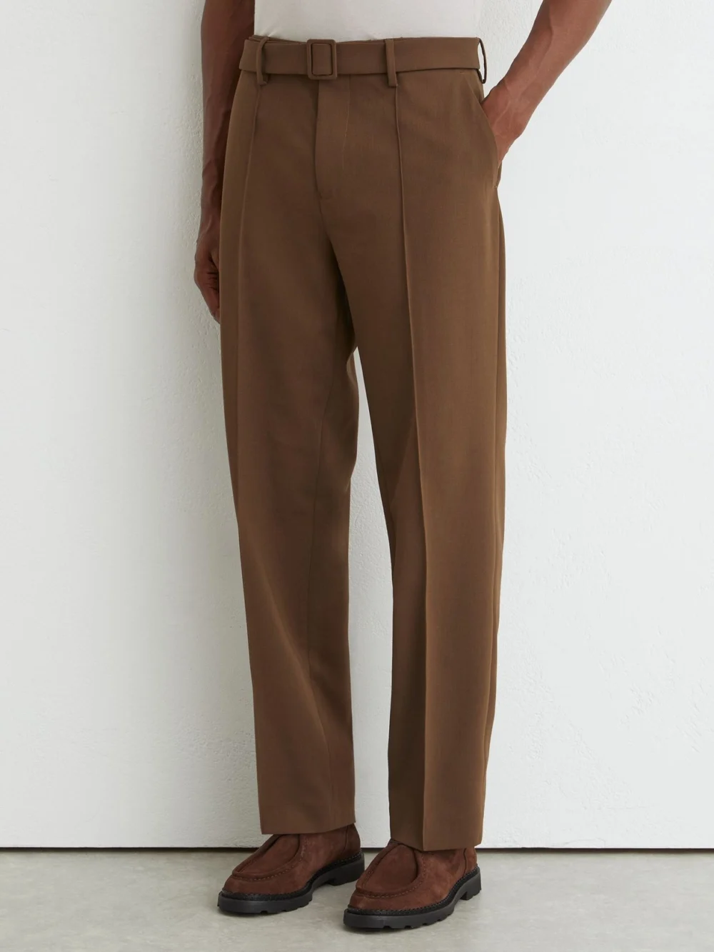 Reiss Tobacco Brown Relaxed-fit Belted Pintuck Trousers, view 3