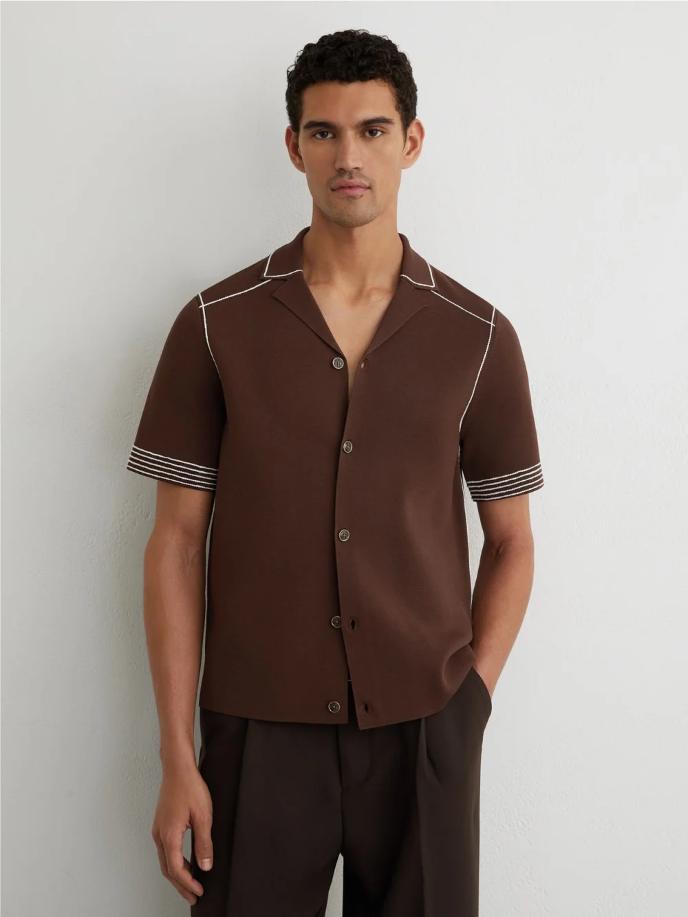 Reiss Tobacco Brown Stitch-detail Cuban-collar Knit Shirt