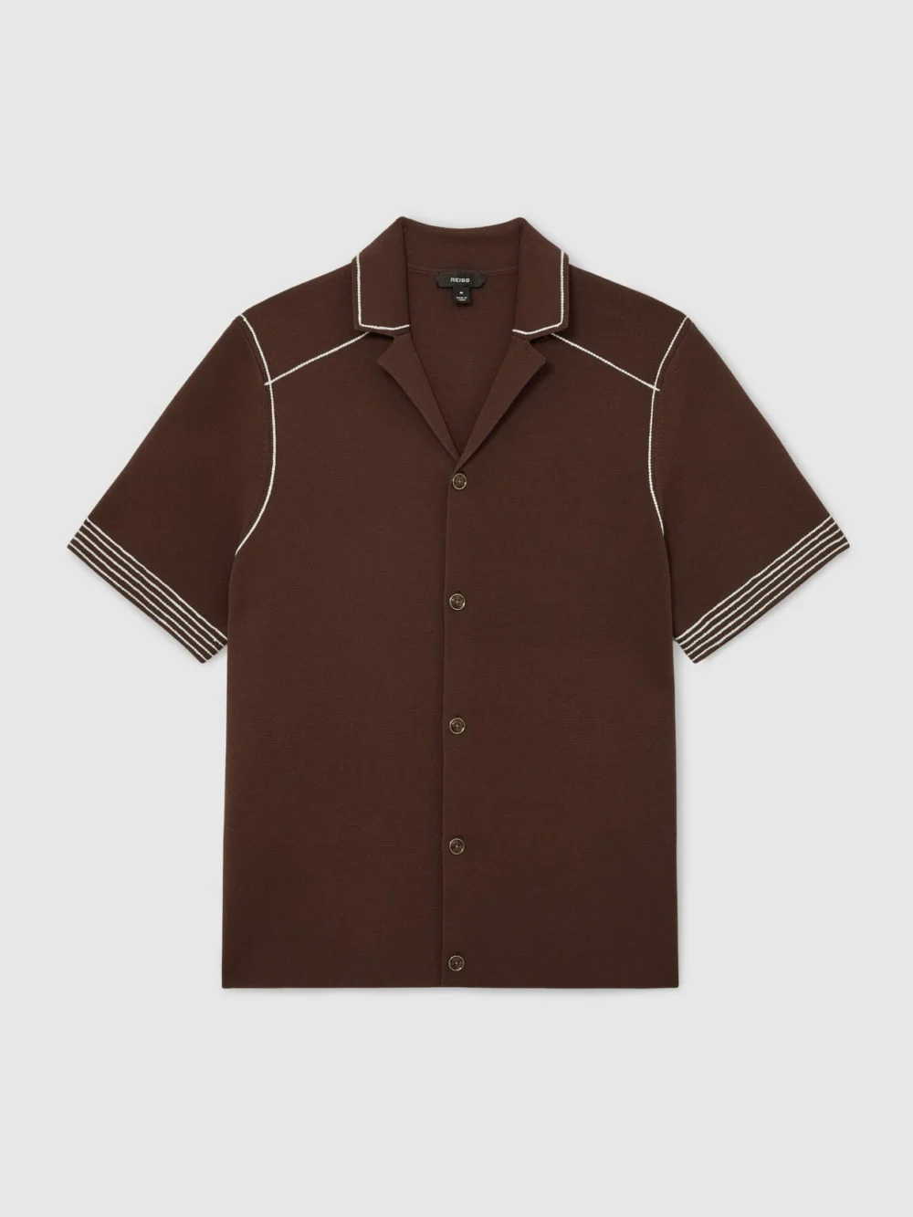 Reiss Tobacco Brown Stitch-detail Cuban-collar Knit Shirt, view 2