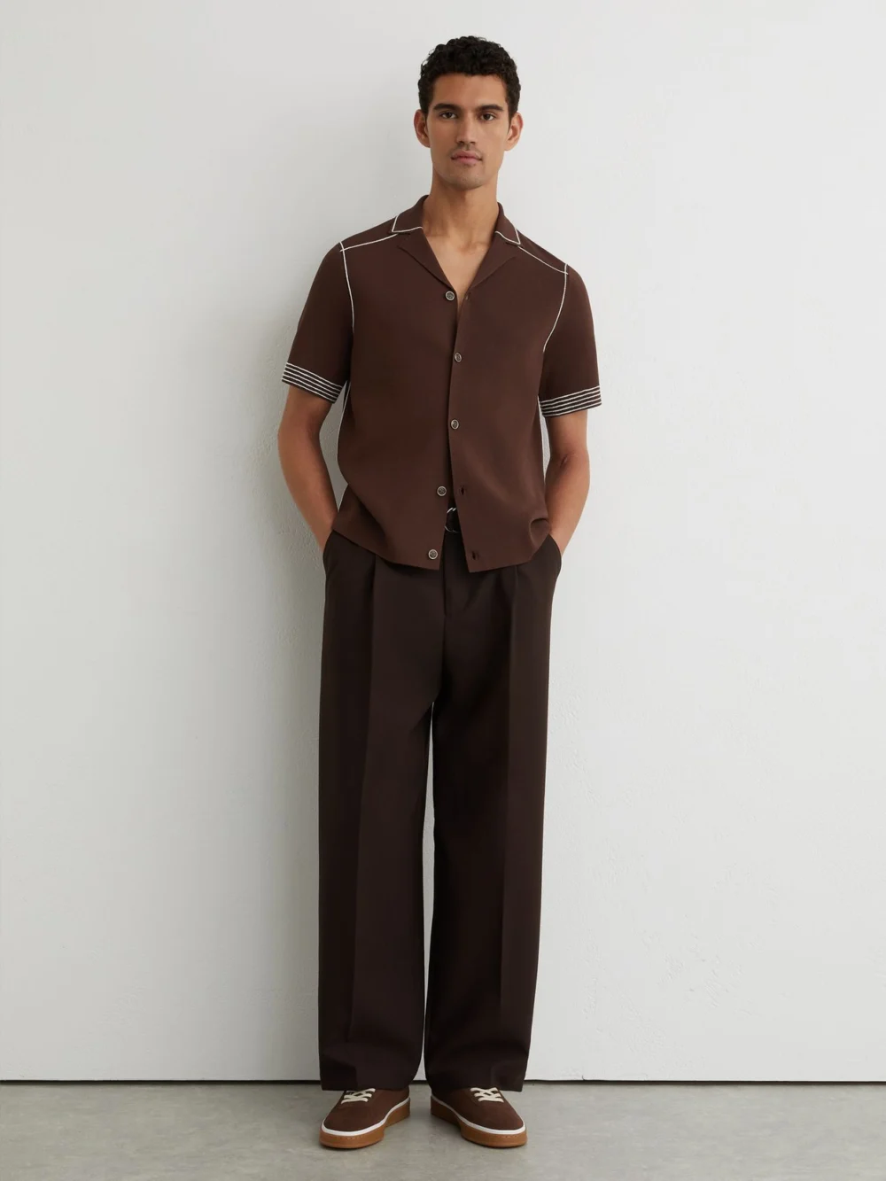 Reiss Tobacco Brown Stitch-detail Cuban-collar Knit Shirt, view 3