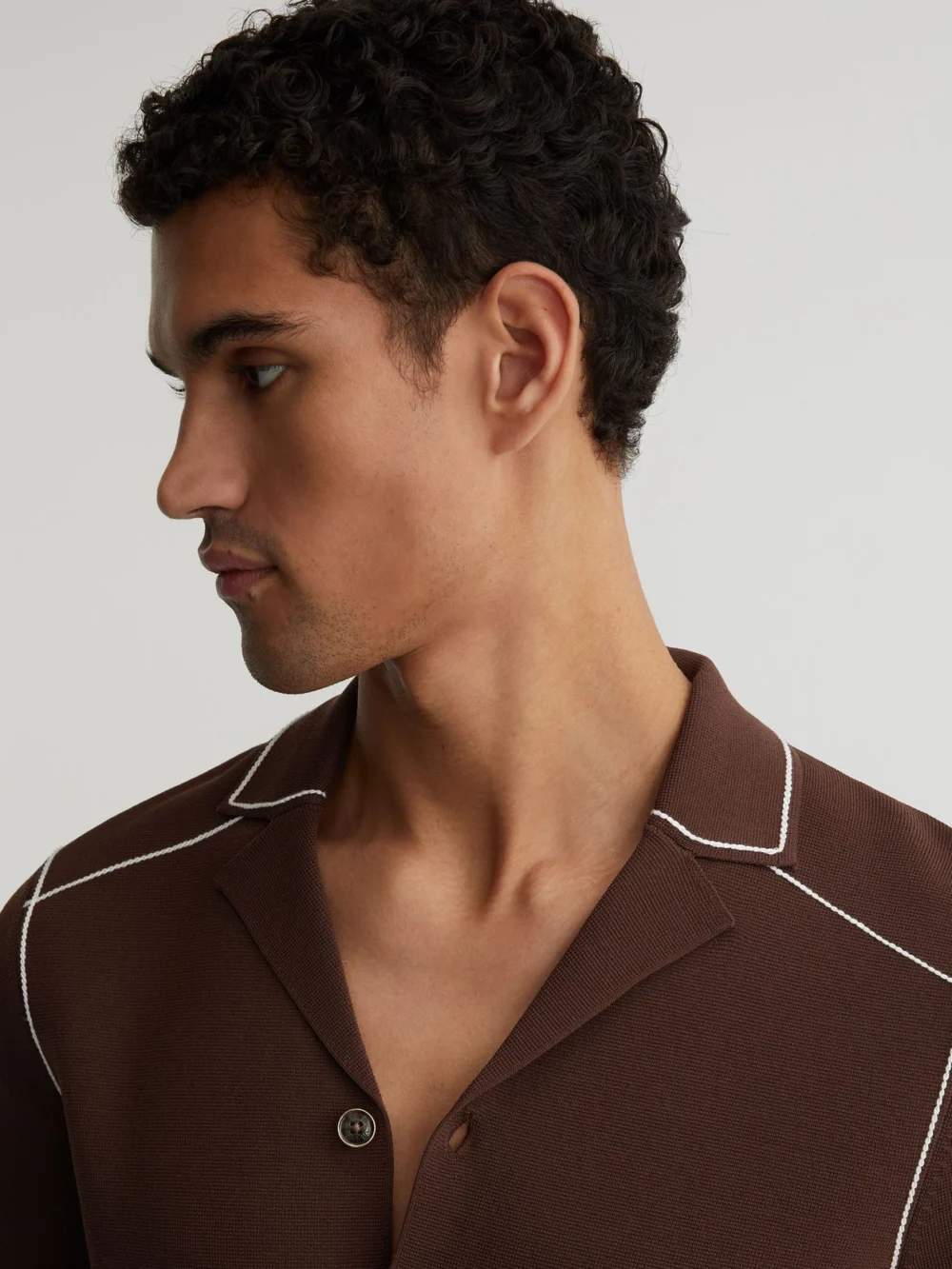 Reiss Tobacco Brown Stitch-detail Cuban-collar Knit Shirt, view 4