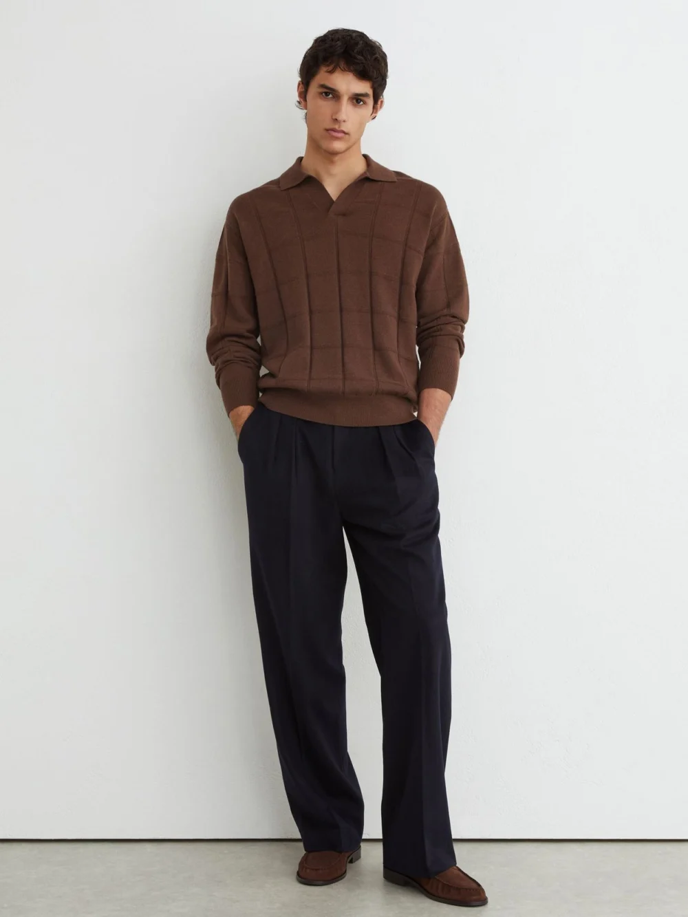 Reiss Tobacco Brown Wool Square-textured Open-collar Polo Jumper, view 4