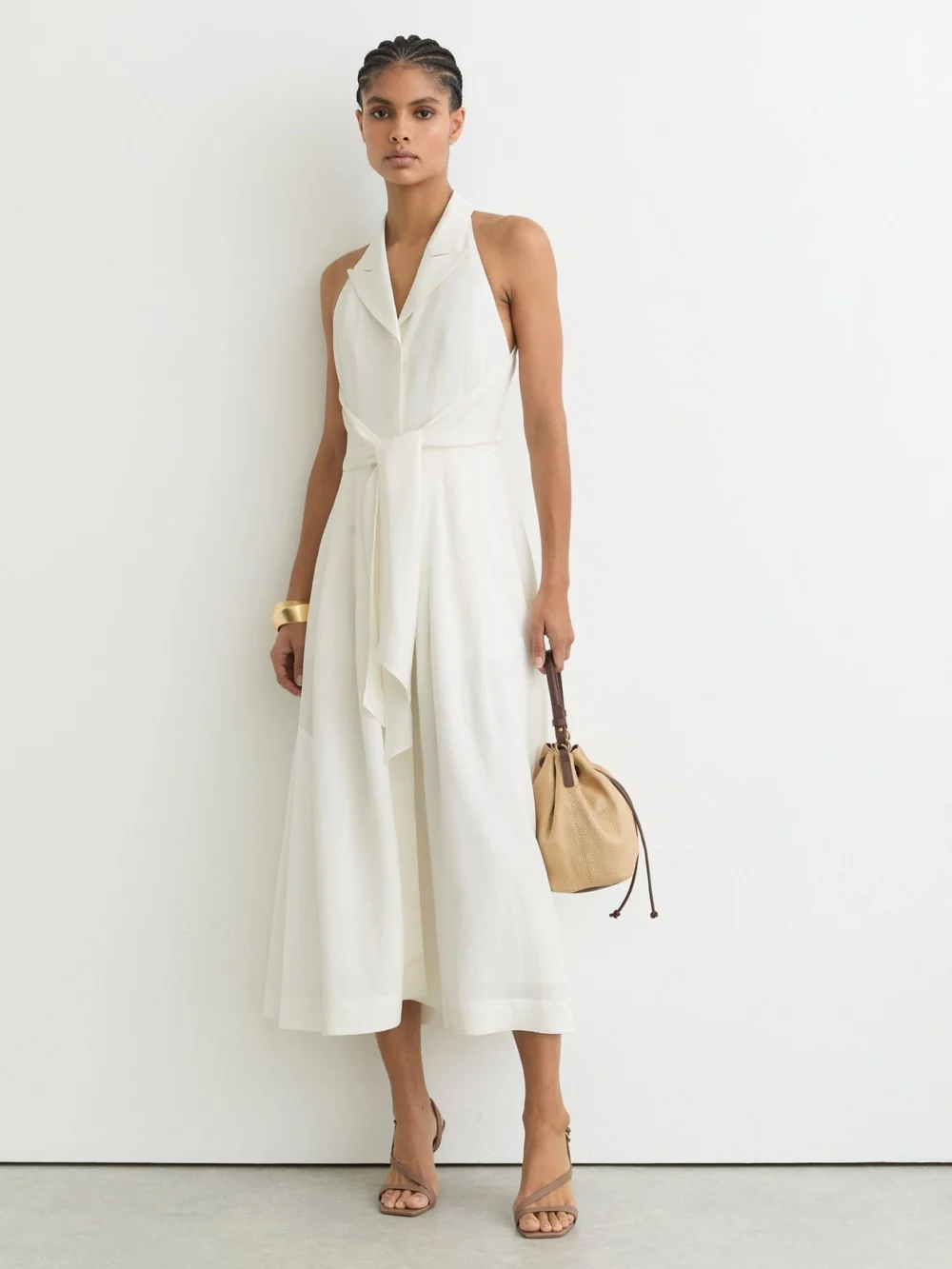 Reiss Tor Tor Sleeveless Tie-front Midi Dress with Linen, 18 in cream