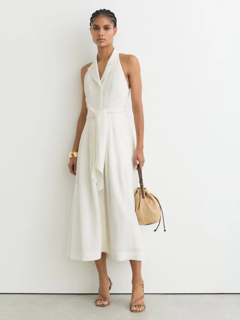 Reiss Tor Tor Sleeveless Tie-front Midi Dress with Linen, 18