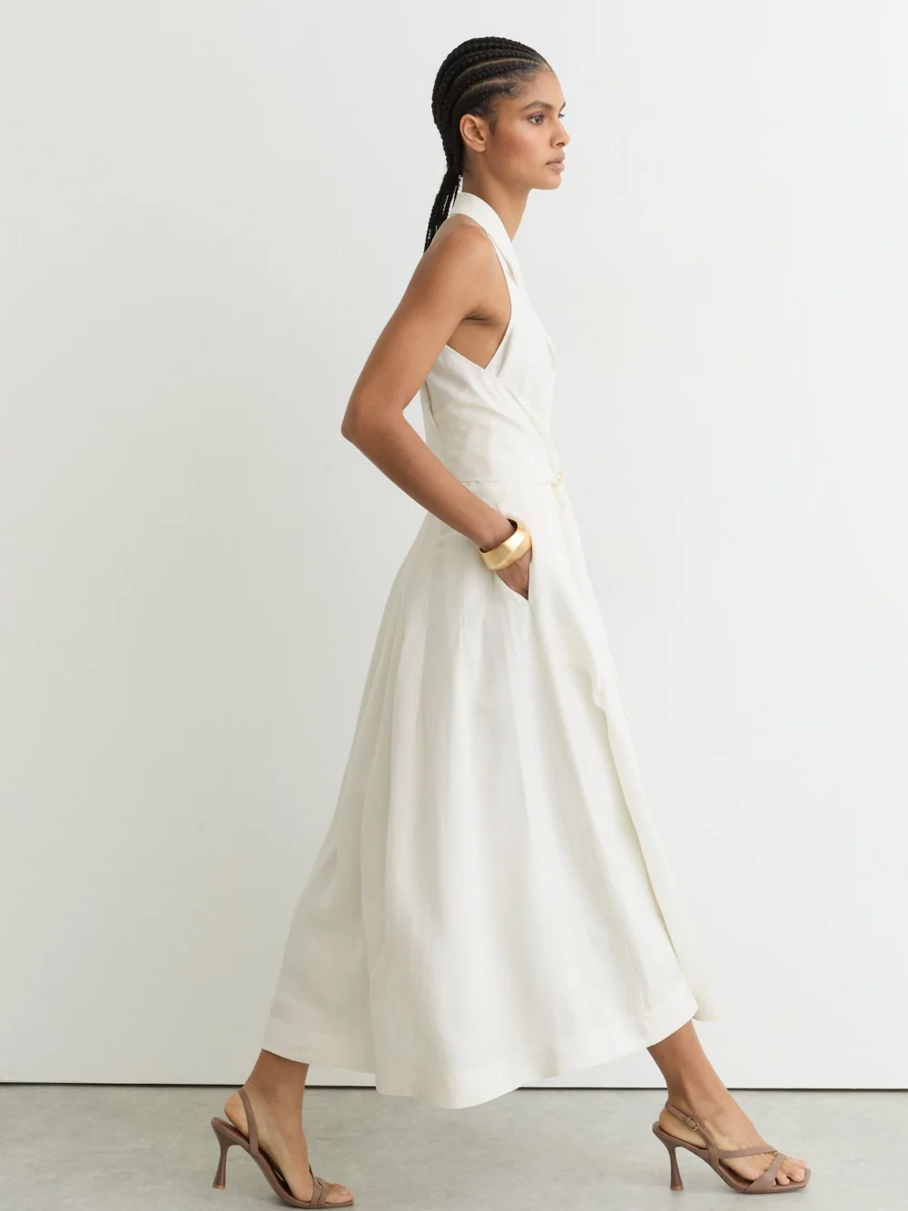 Reiss Tor Tor Sleeveless Tie-front Midi Dress with Linen, 18, view 4