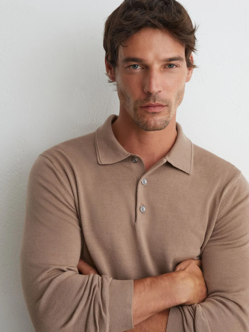 Reiss Trafford Men's Camel Brown Merino Wool Long-sleeve Polo Shirt