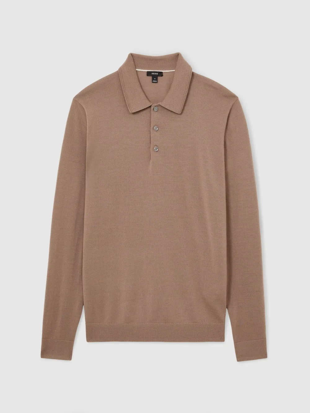 Reiss Trafford Men's Camel Brown Merino Wool Long-sleeve Polo Shirt, view 2