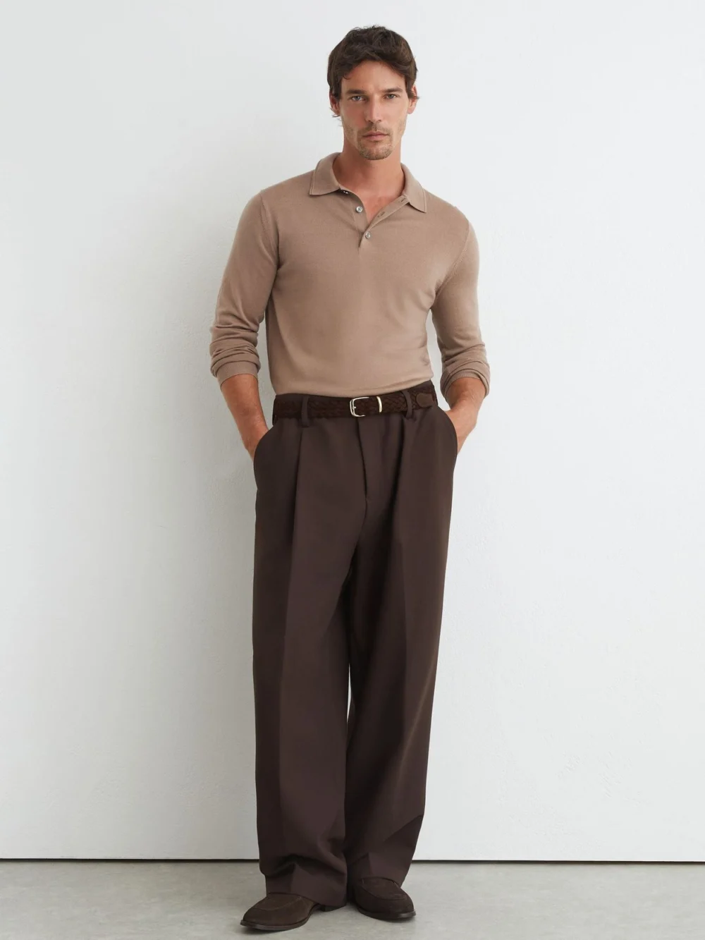 Reiss Trafford Men's Camel Brown Merino Wool Long-sleeve Polo Shirt, view 3