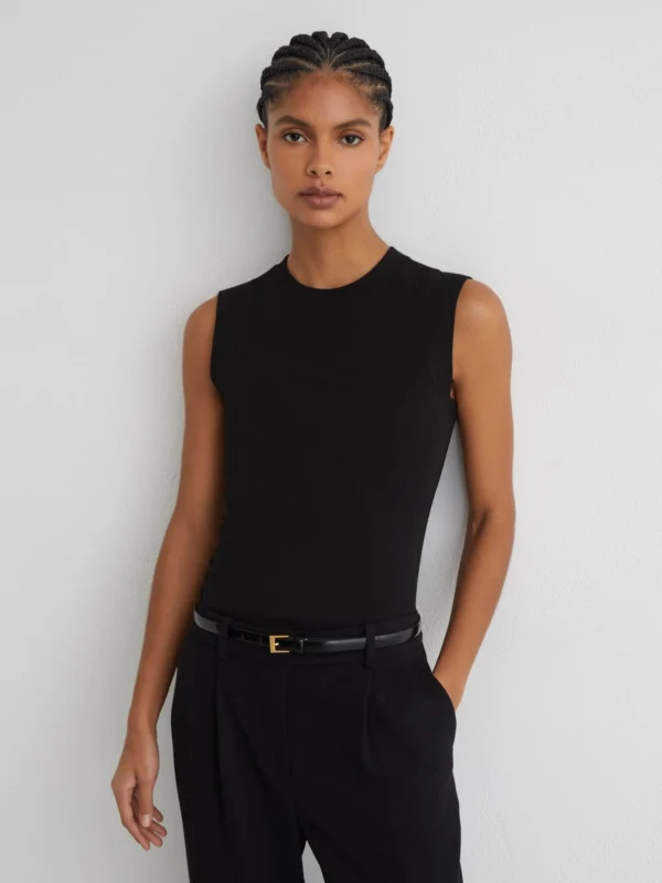 Reiss Trudy Women's Black Fine-rib Ruched Vest Top