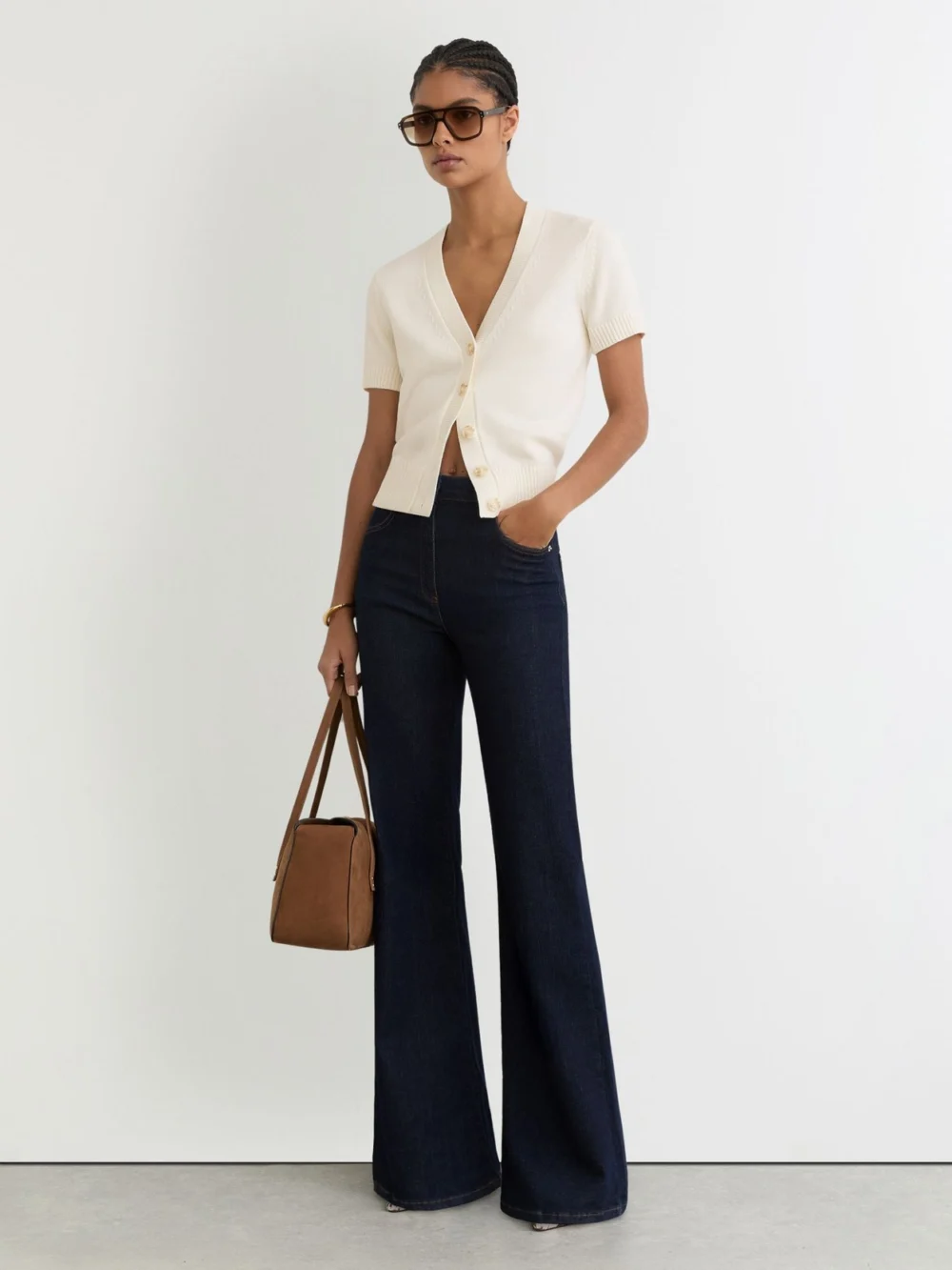 Reiss V-neck Short-sleeve Cardigan Cotton-wool in ivory