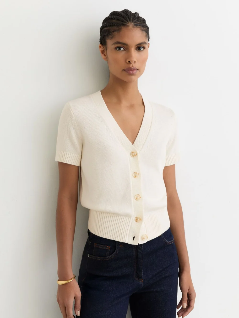 Reiss V-neck Short-sleeve Cardigan Cotton-wool, view 3
