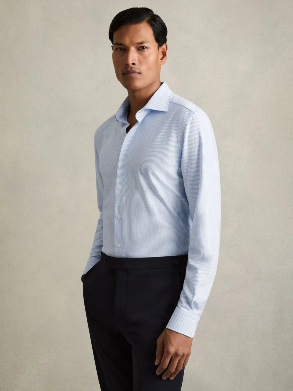 Reiss Valdo Blue Stripe Cotton-blend Cutaway-collar Striped Shirt, XS in camel/white