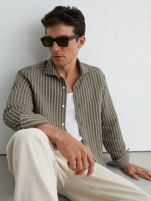 Reiss Vintage Green -blend Seersucker Pinstripe Shirt Regular-fit