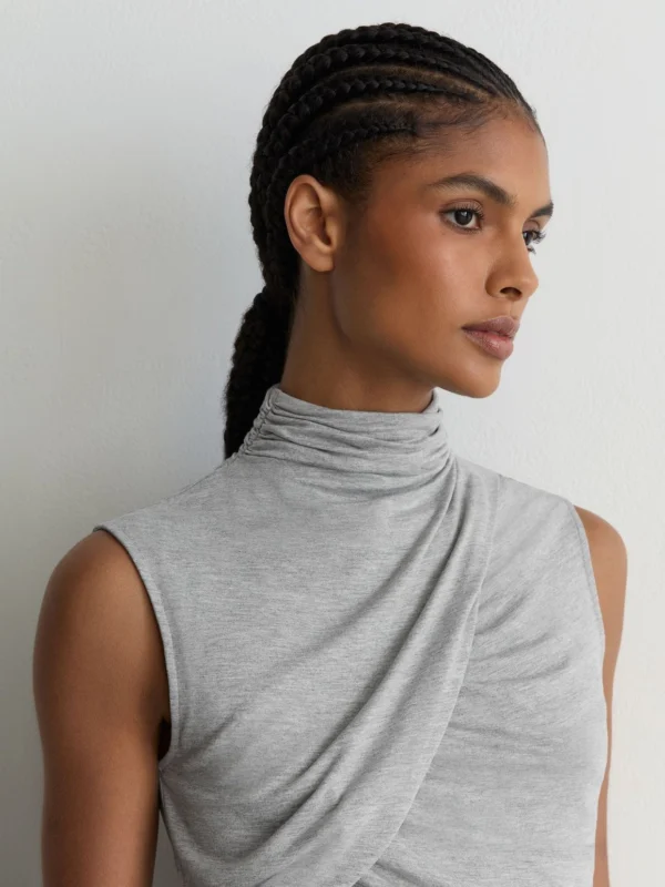 Reiss Wanda Grey Marl Ruched High-neck Top