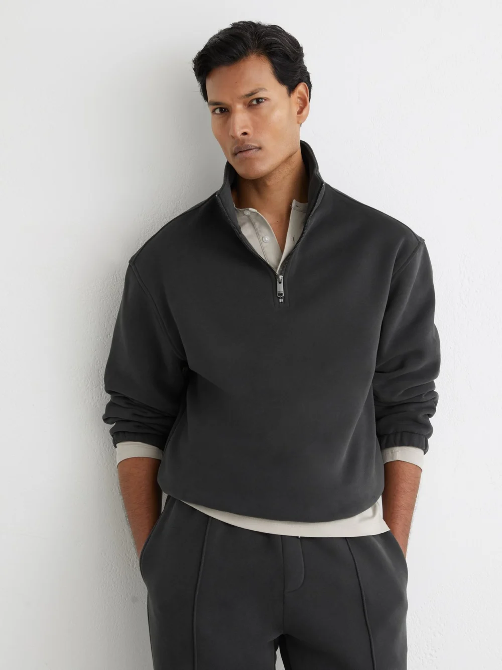 Reiss Washed Black Cotton-blend Half-zip Sweatshirt, view 3