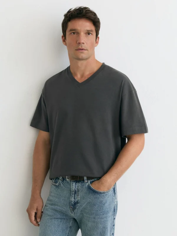Reiss Washed Black Cotton V-neck Relaxed-fit T-shirt