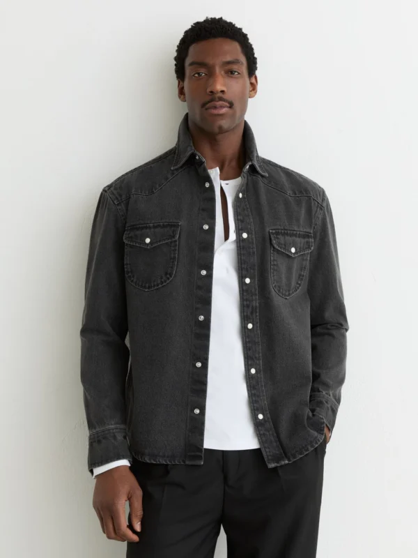 Reiss Washed Black Denim Western Overshirt