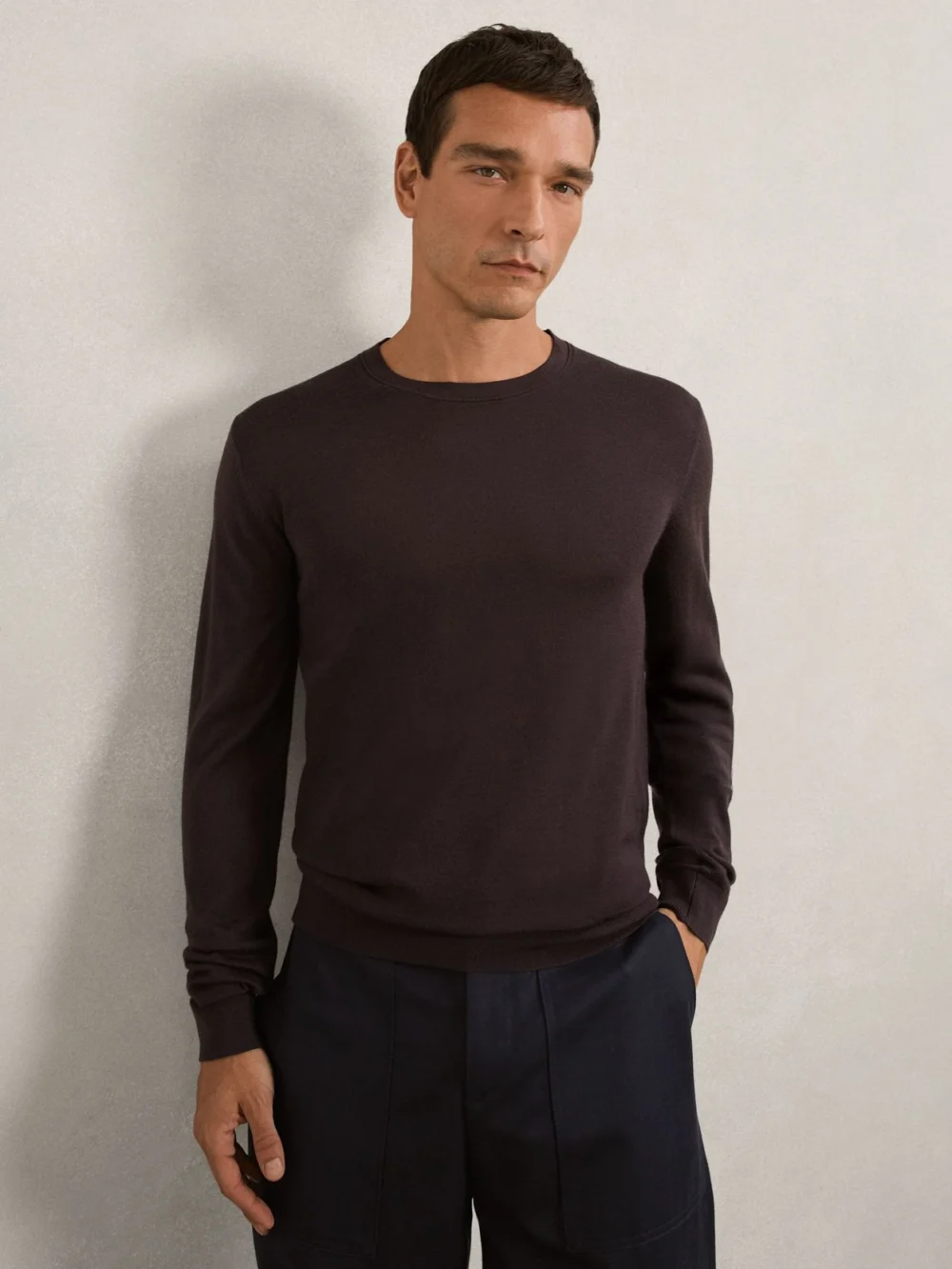 Reiss Wessex Dark Bordeaux Merino Wool Crew Neck Jumper, M, view 3